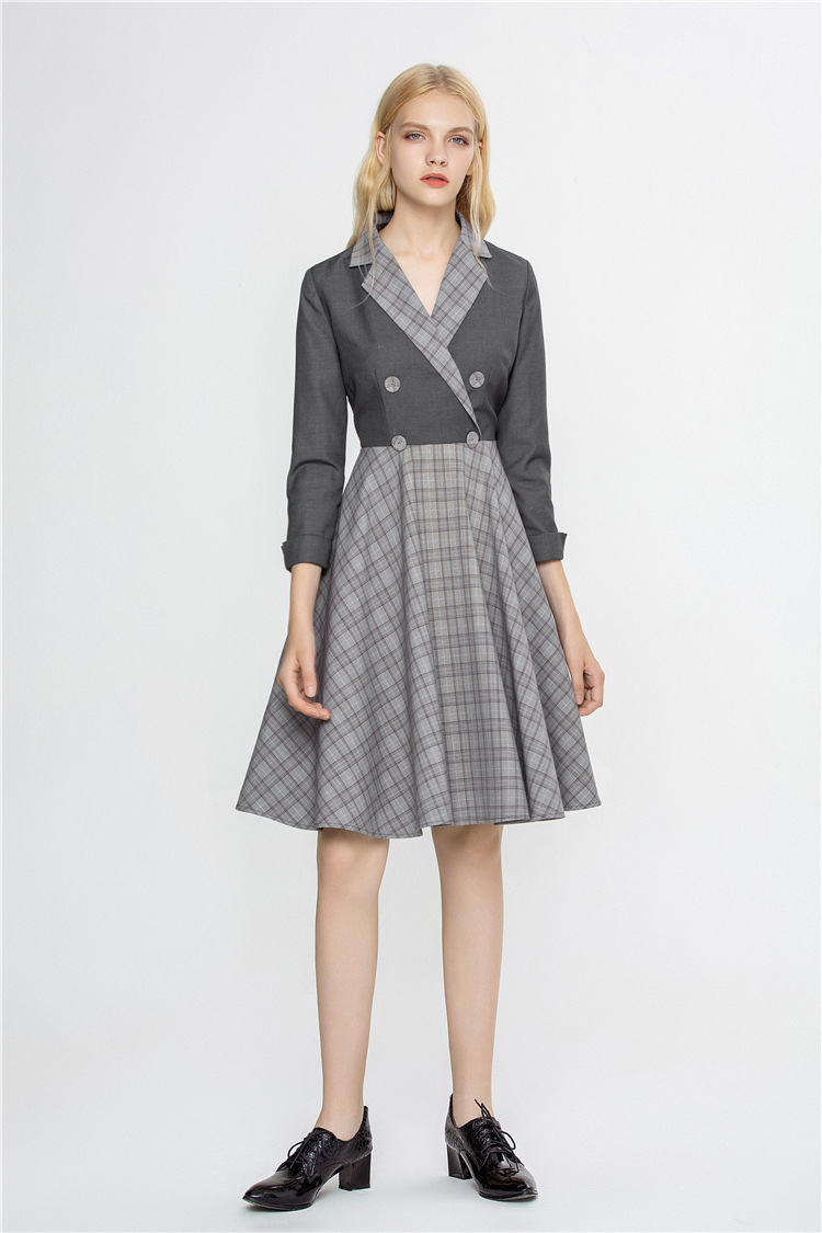 欧洲站2020春季新款中长款修身拼接格子裙西装领双排扣女装连衣裙