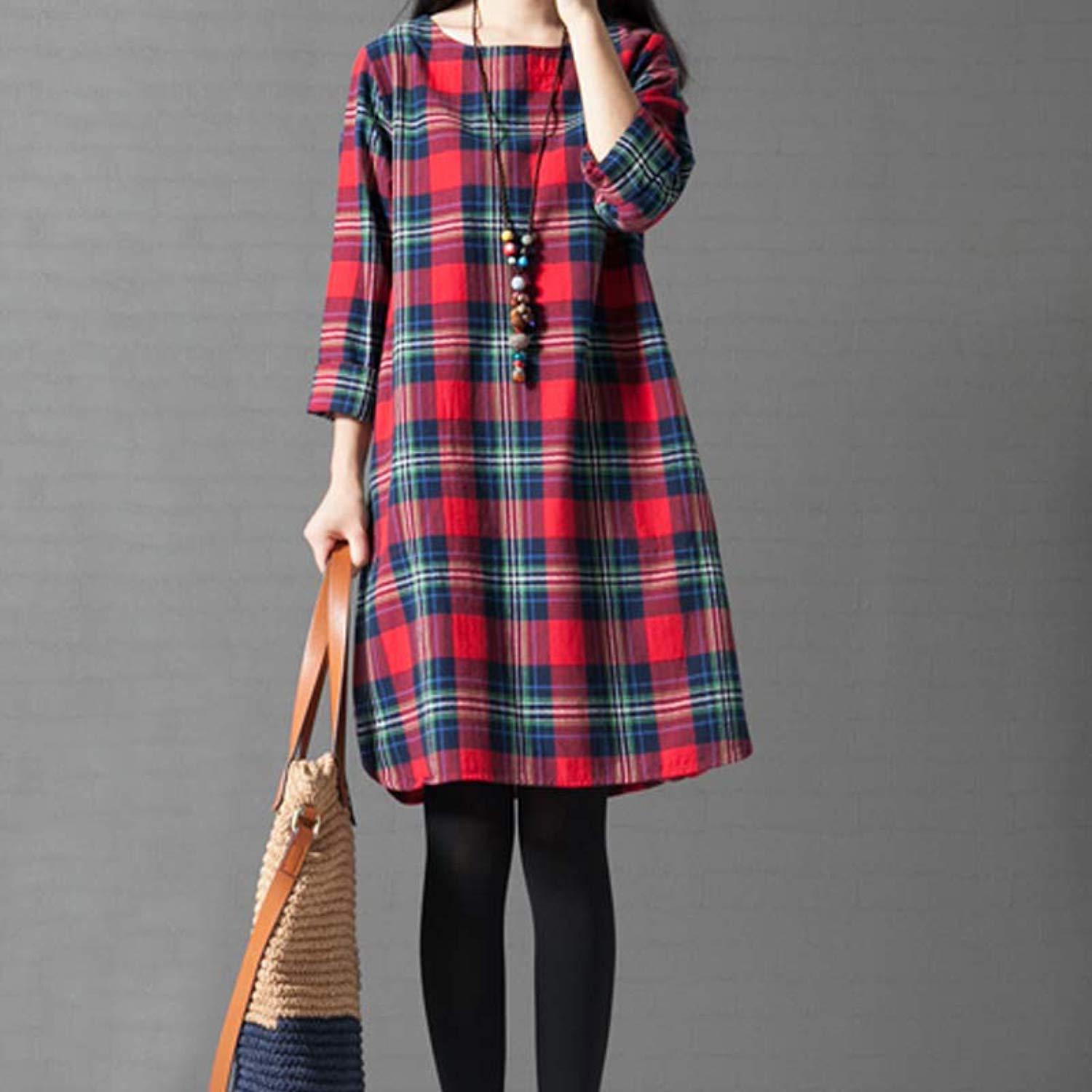 2018女装秋款大码棉麻格子长袖宽松休闲显瘦连衣裙棉麻长袖连衣裙