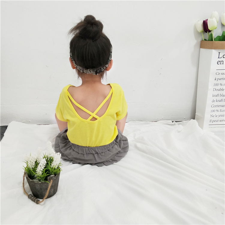 2018新品童装 韩版儿童后背镂空短袖 女童纯色后背交叉短t