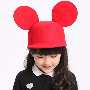 米奇帽子女 男儿童宝宝韩版潮礼帽米老鼠大耳朵亲子鸭舌毛呢帽子