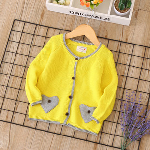 bf-my078 心形口袋女童纯棉开衫 儿童毛衣 2018秋季新款童装线衫