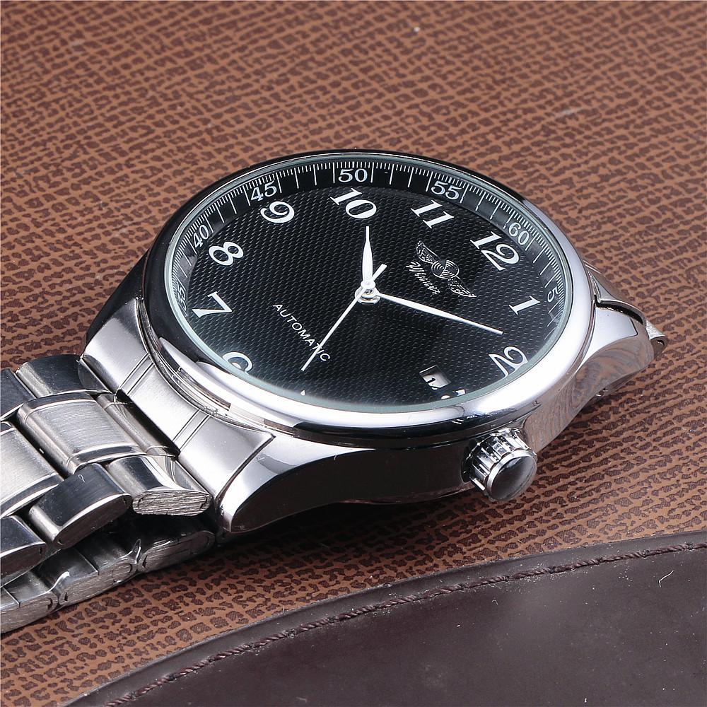 winner男士全自动钢带机械表日历阿拉伯大字简约外贸机械透背手表