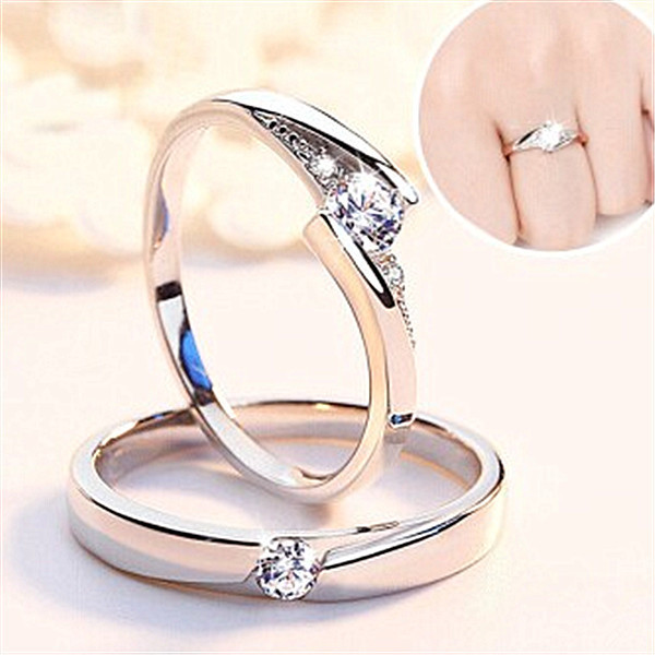 Cross-Border Creative Silver Jewelry Open Ring Couple Couple Rings Female Zircon with Diamond Six Claw Crown Open Mouth Wedding Ring Hand Batch
