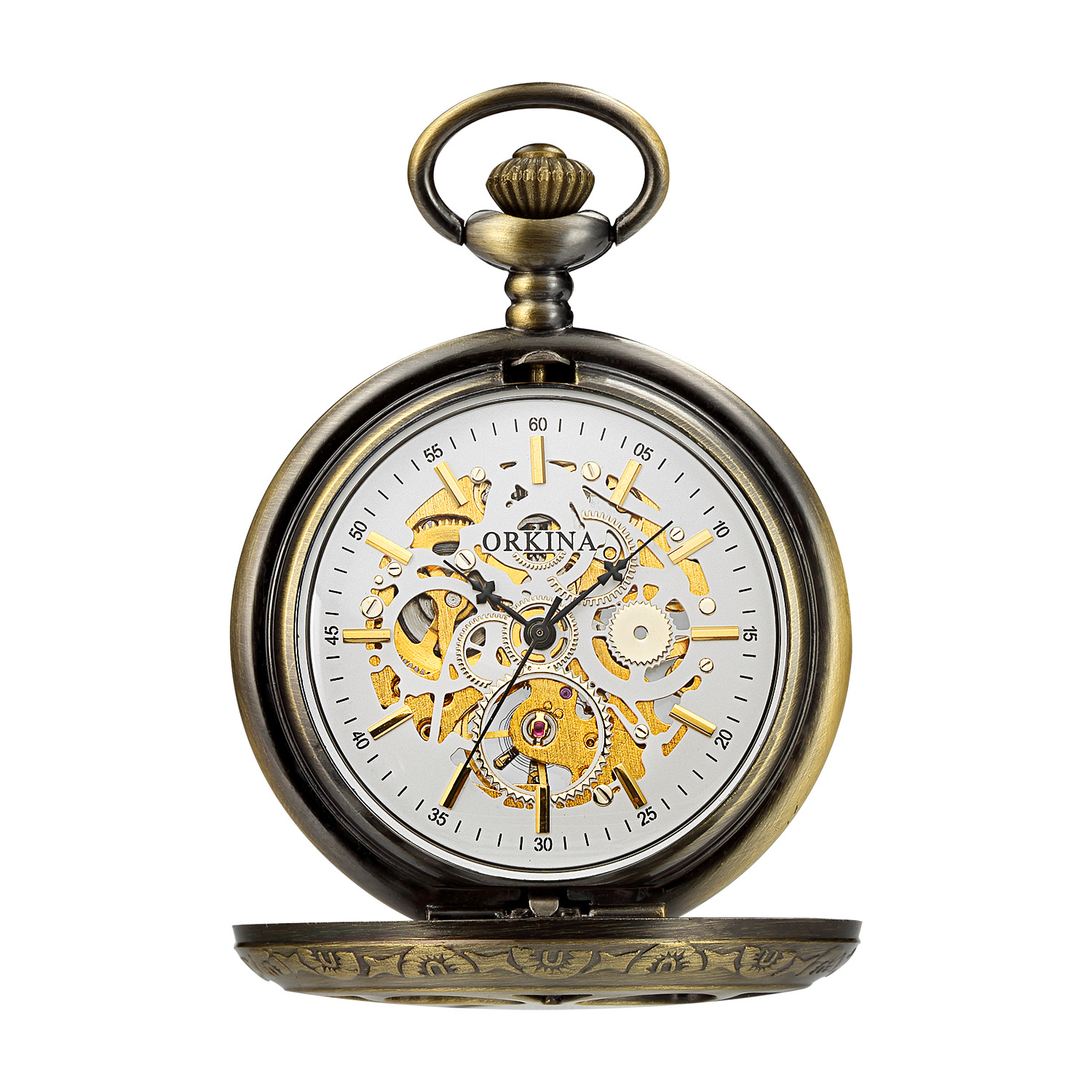 欧绮娜orkina跨境机械表男士怀表古铜色翻盖镂空pocket watch