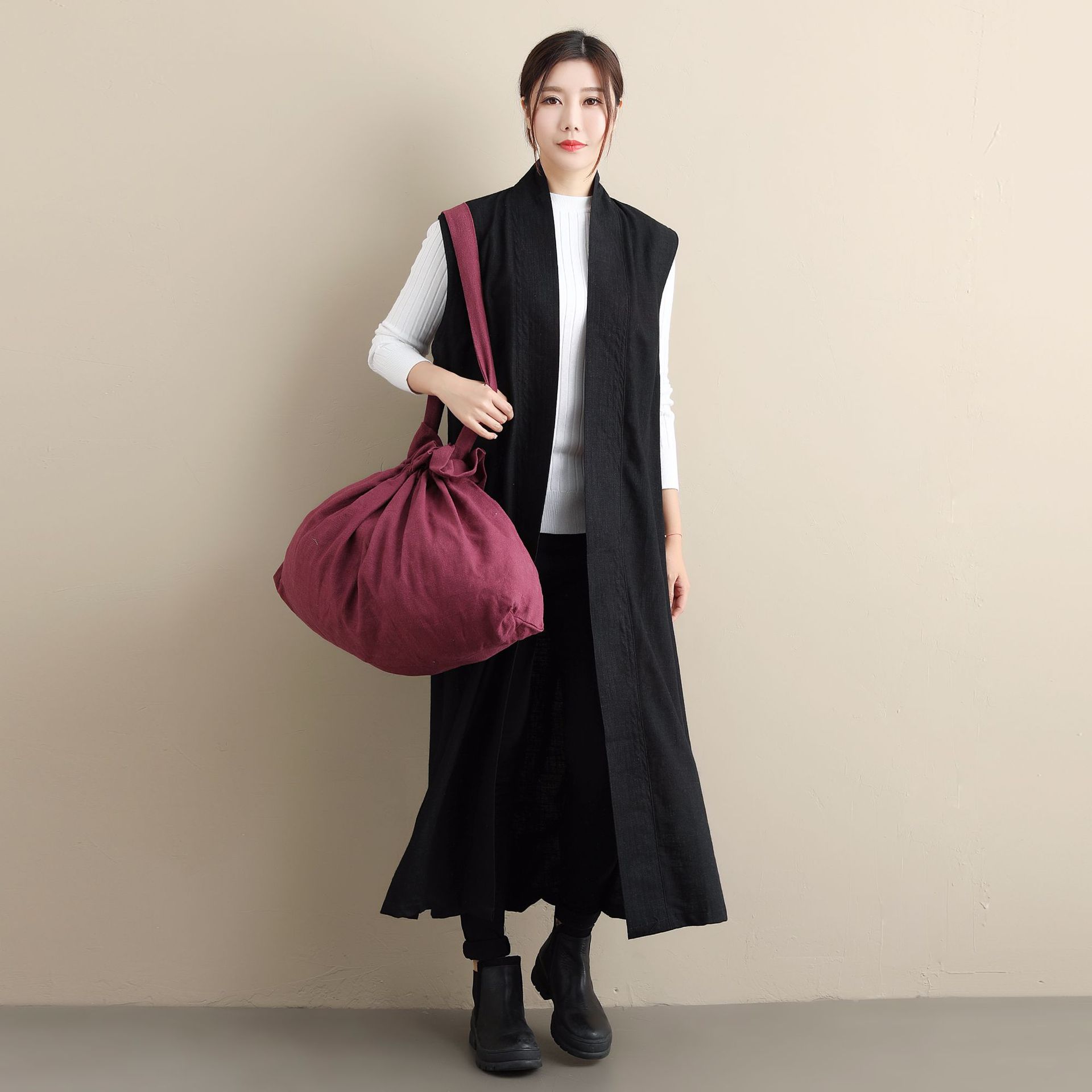 原创亚麻长马褂 女国风复古文艺风马甲纯色长款开衫马褂时尚潮人