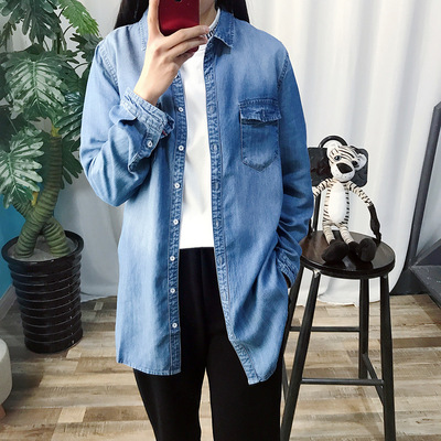 091-e2 2018春季新款休闲天丝棉水洗中长款牛仔开衫衬衣女上衣