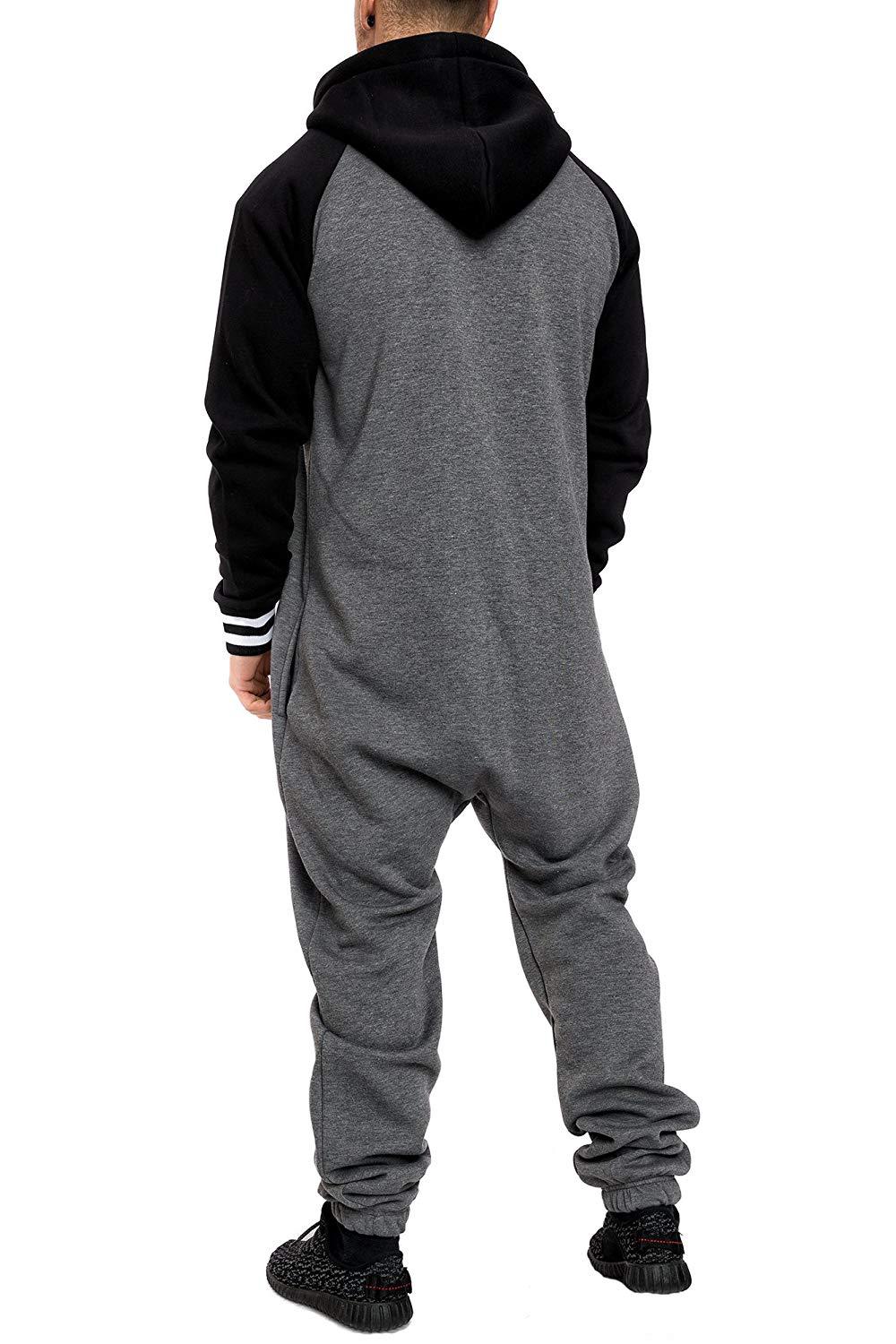 外贸爆款冬季新款男人连帽加绒连体卫衣拼接欧美个性休闲连体服男