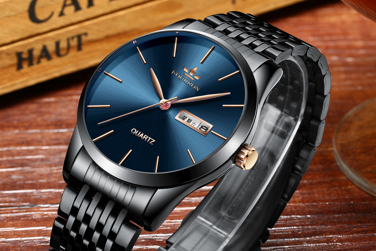 fourron品牌手表男士非机械表 防水日历石英超薄钢带爆款学生热卖