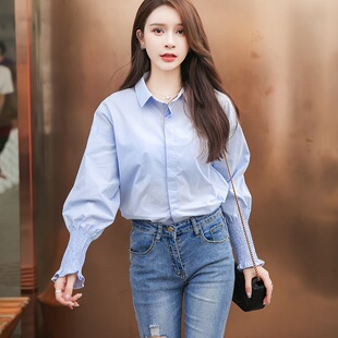 气质纯色灯笼袖2018秋装新款纯棉衬衣宽松浅色上衣职业打底衬衫女