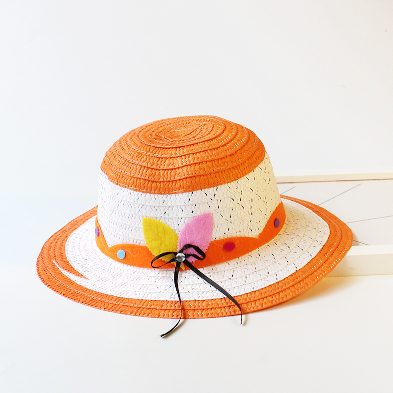 夏天儿童女草帽 蝴蝶叶圆顶草编遮阳帽 新款儿童女树叶草帽批发