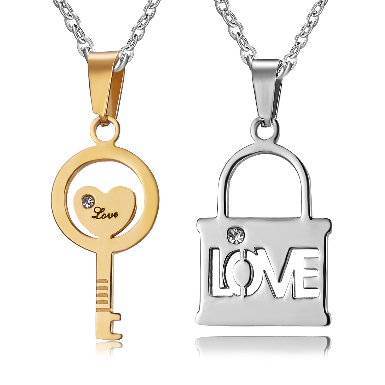 欧美时尚love爱心钥匙情锁情侣项链不锈钢情侣爱心对链项链批发