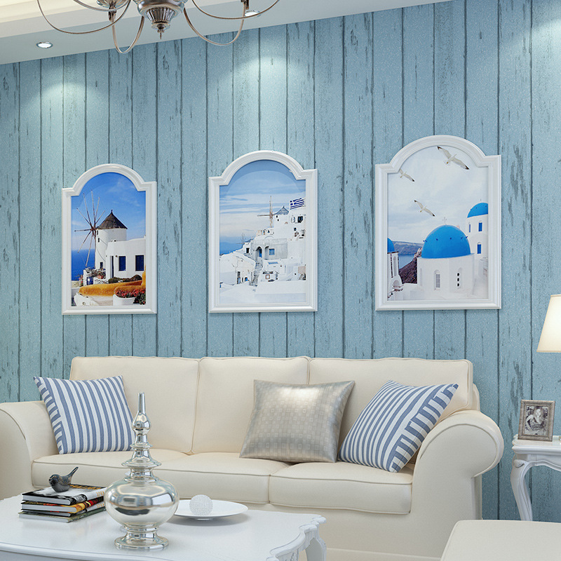 蓝色白色地中海木纹无纺布墙纸 简约复古壁纸厂家直销83602壁纸