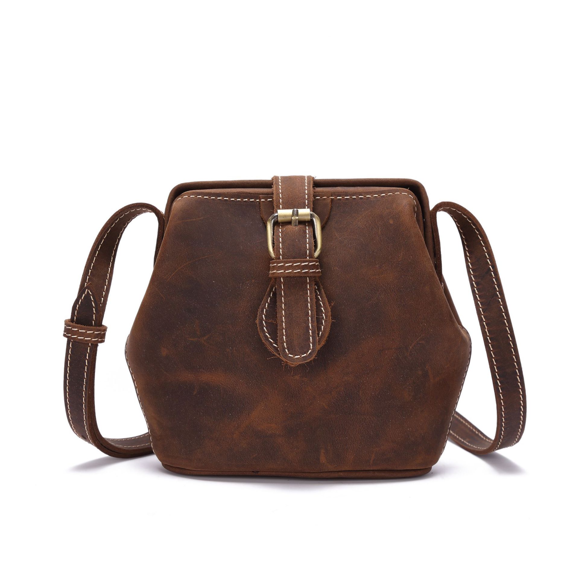 新款全牛皮小包头层牛皮疯马皮纯手工制作女士单肩斜挎包一件代发