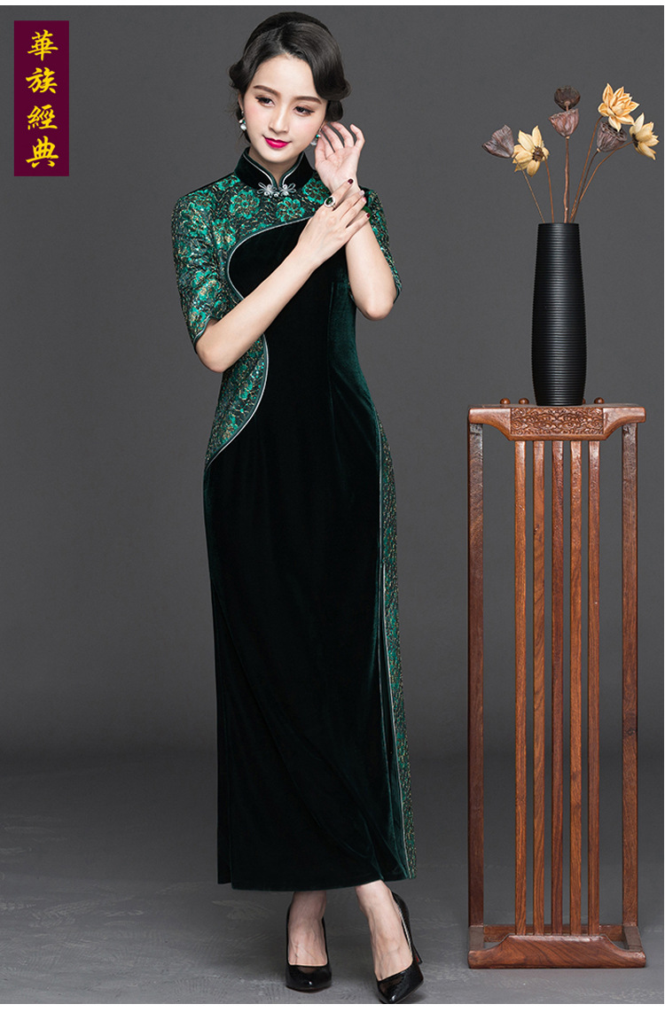 复古唐装金丝绒蕾丝旗袍货号tj1813