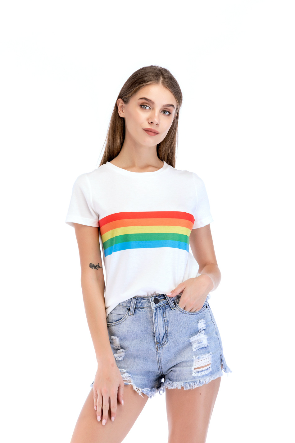外模实拍速卖通亚马逊2018爆款欧美女装彩虹条印花短袖t恤女