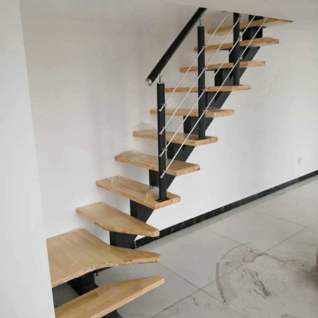 小区家用室内斜梁钢木扶手楼梯木制定做踏步阁楼楼梯批发