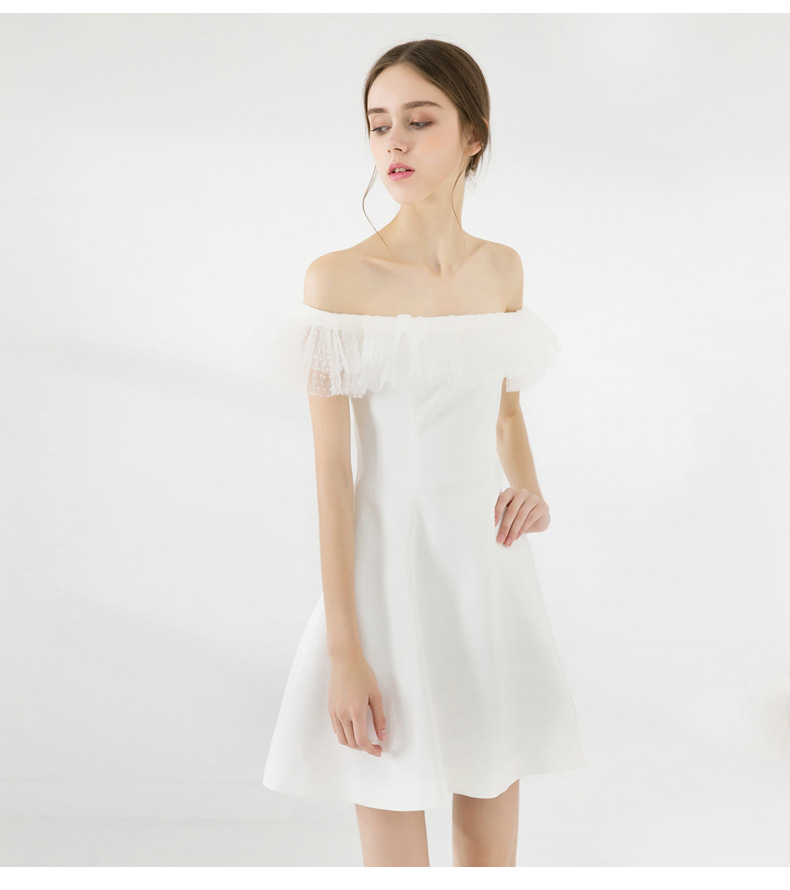 2018夏装新款欧美女装白色小礼服裙网纱拼接一字领露肩连衣裙