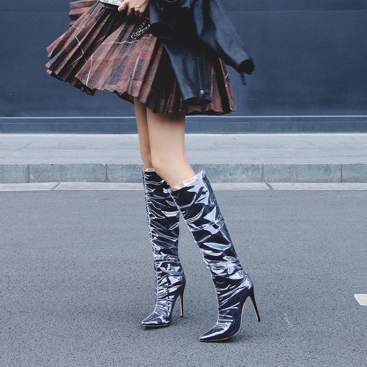 欧美外贸大码女款银色镜面尖头高跟过膝长靴性感细跟高筒靴女