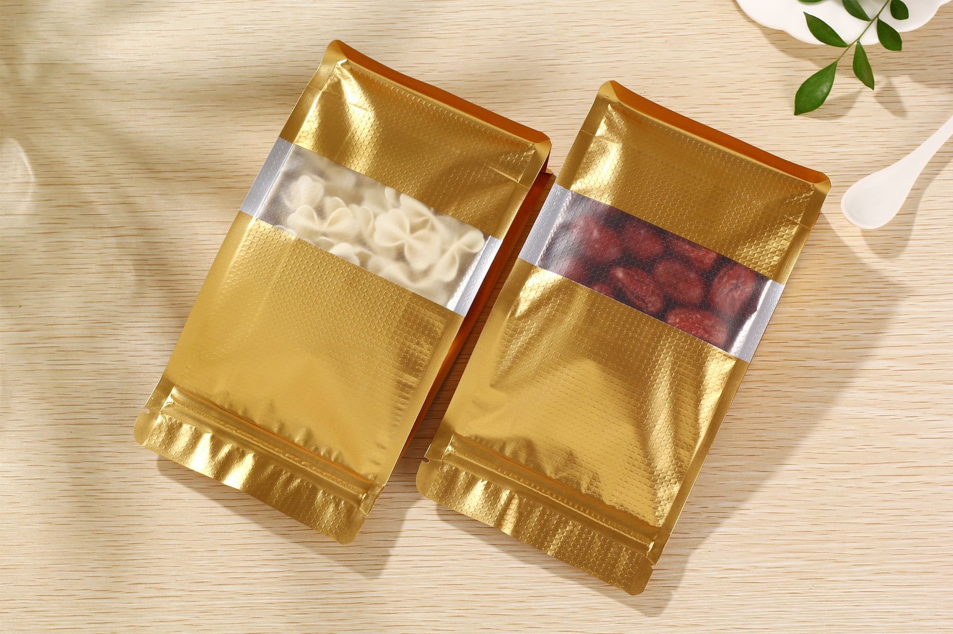 现货金色铝箔压纹八边封开窗自封袋铝箔自封袋零食坚果花茶自封袋