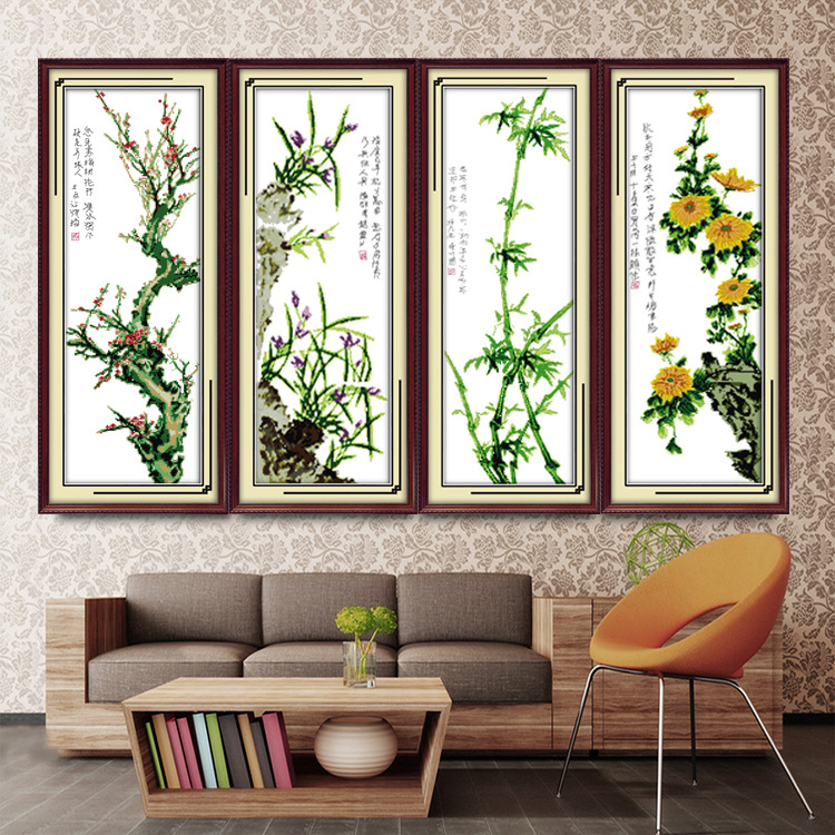 厂家批发十字绣中国风情四君子梅兰竹菊客厅大幅线绣挂画一件代发