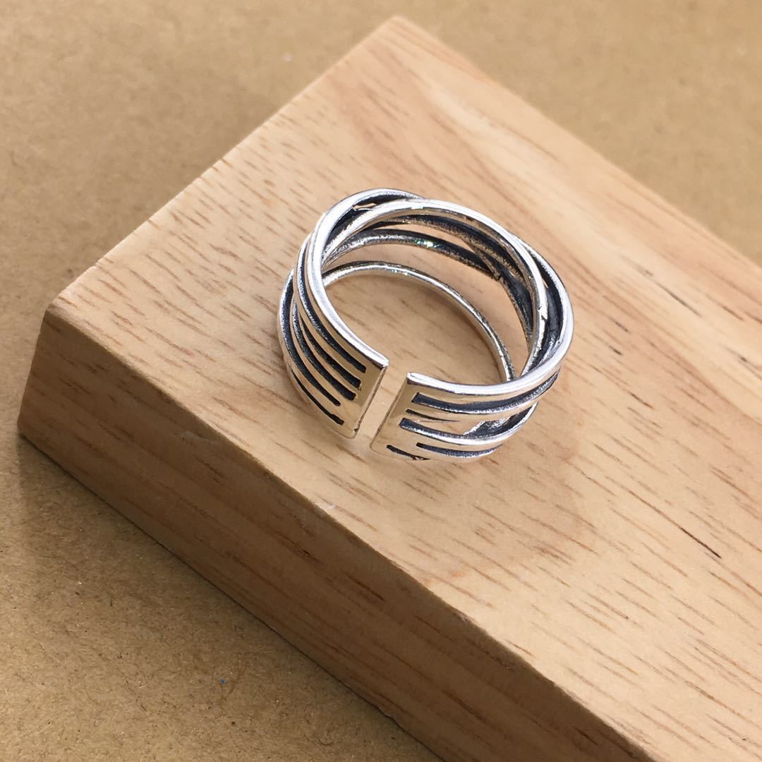 乾龙925足银复古泰银多线戒指韩版女戒潮款男女情侣款手工银开口