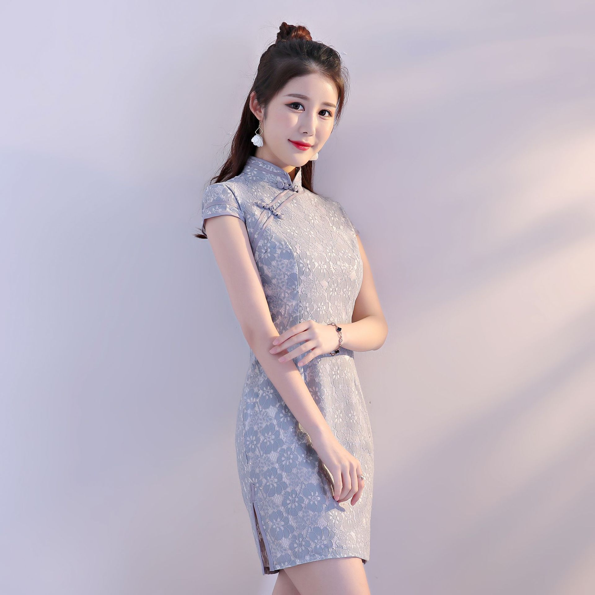 产地货源复古改良短款蕾丝旗袍 夏季气质文艺少女蕾丝旗袍连衣裙
