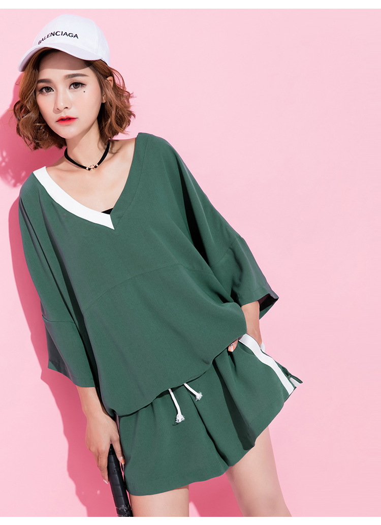 欧美v领上衣宽松女装撞色松紧腰阔腿短裤休闲两件套装新款夏装潮