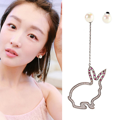 b147周冬雨微镶不对称夸张兔子耳钉耳夹无耳洞珍珠耳环耳坠银针