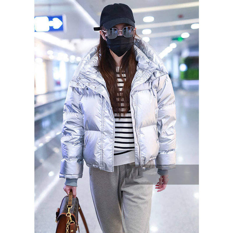 明星同款银色亮面女短款新款明星小个子加厚白鸭绒羽绒服一件代发