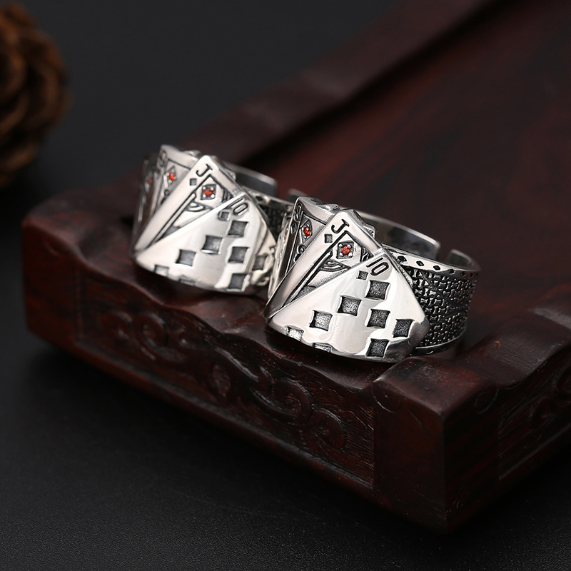 时尚经典扑克牌情侣戒指 批发s925纯银泰银 男女指环欧美个性创意