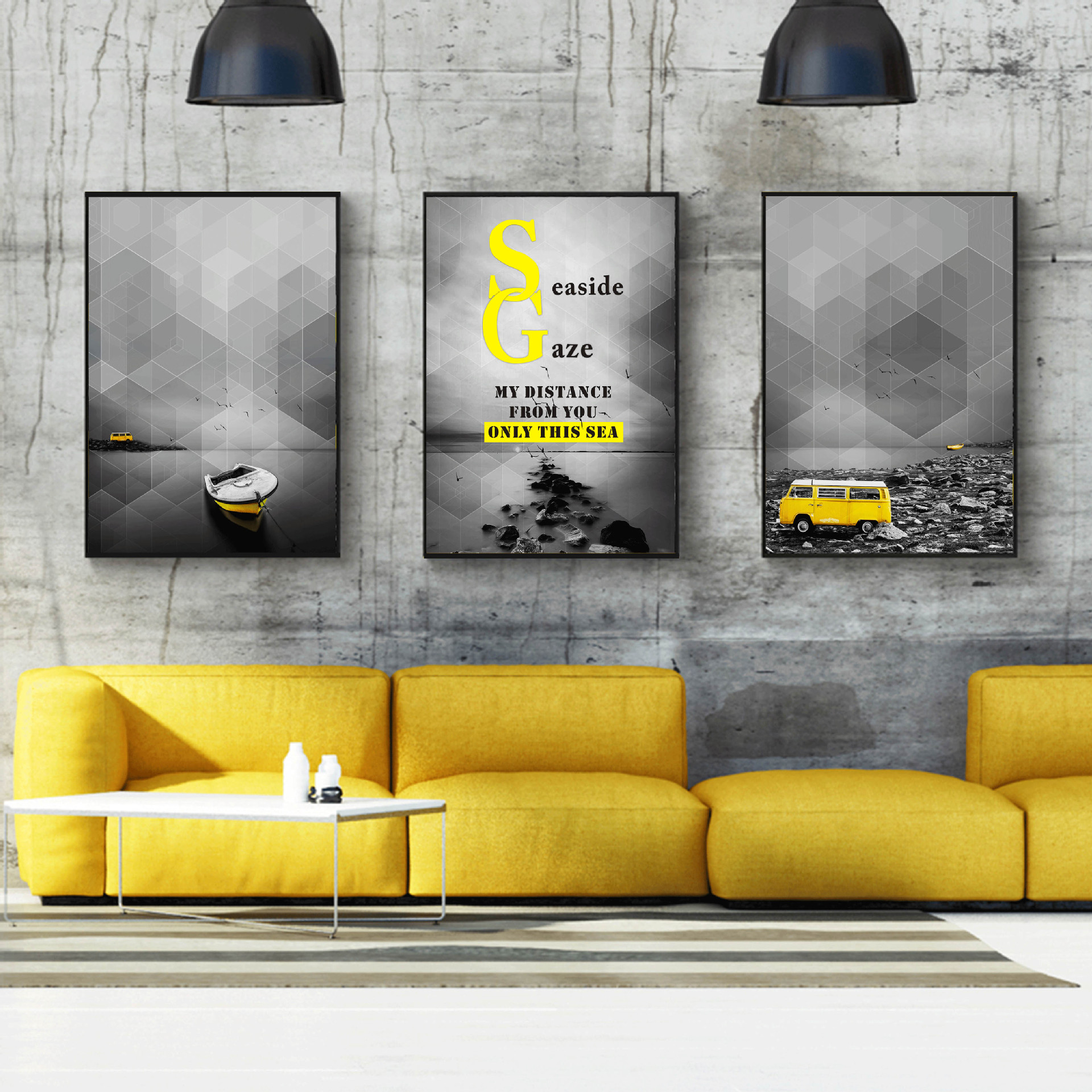 工业风黑白装饰画现代简约客厅挂画沙发背景墙三联画黄色汽车壁画