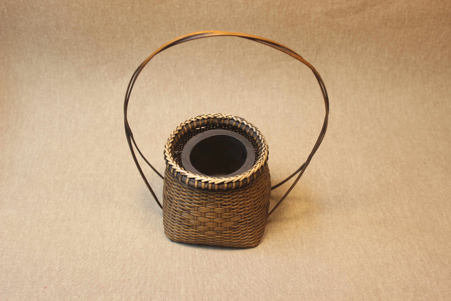 做旧日式竹编提手插花器 花瓶 茶室茶桌摆件 中式竹编工艺品