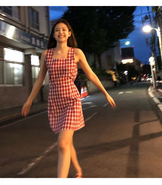 2018新款夏装jennie金珍妮ins同款初恋风红色格子吊带裙女连衣裙