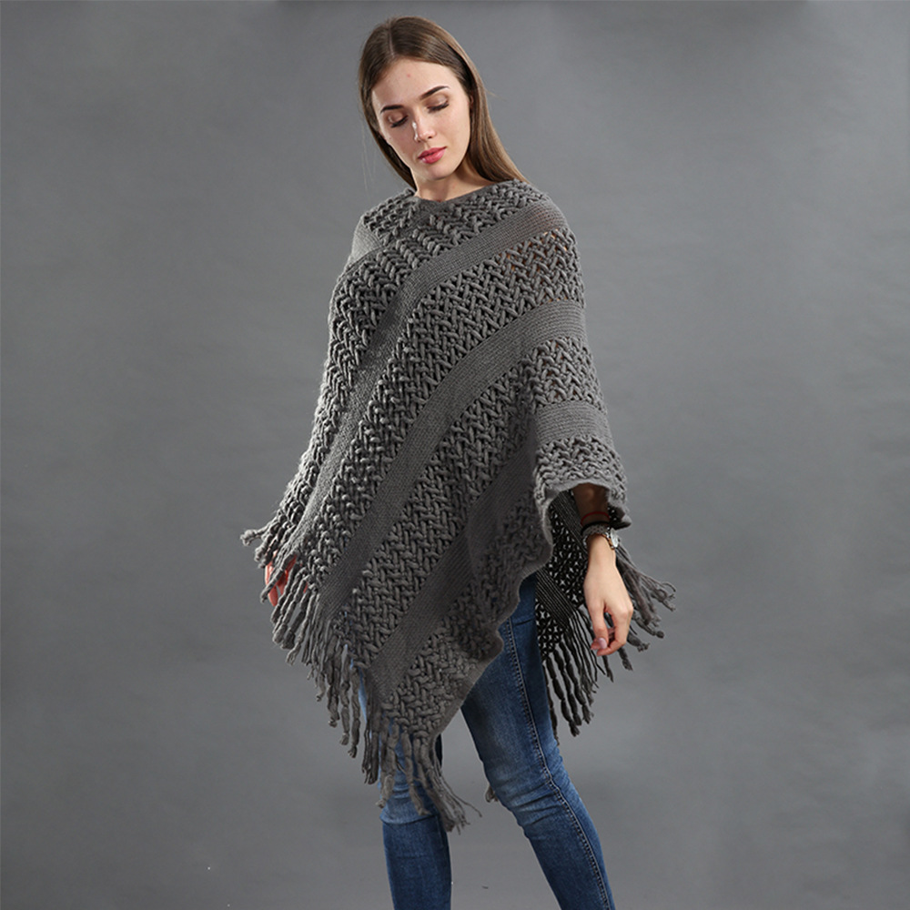 欧美大码女装秋冬保暖针织镂空花纹拼接套头披肩纯色外贸批发代发