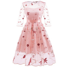 eBay亚马逊欧美女装爆款欧根纱七分袖刺绣蕾丝网纱三层连衣裙