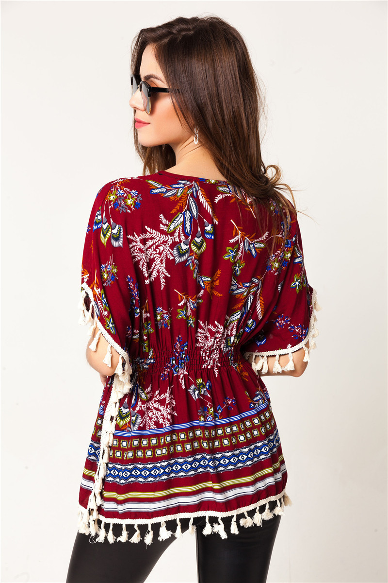 速卖通亚马逊墩煌ebay外贸欧美风复古花纹流苏宽松上衣t恤 实拍现