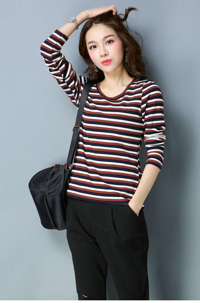 条纹宽松休闲时尚韩版百搭粗横条纹针织衫/毛衣圆领18年春季长袖