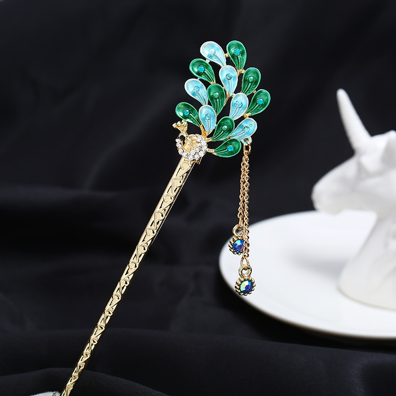 复古宫廷民族风彩绘发簪饰品盘发发卡釉艺孔雀开屏手绘发饰簪子