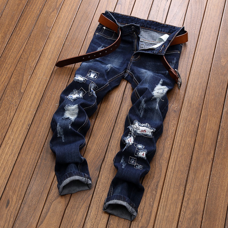 Cross-Border Supply 2018 New Wish Embroidered Jeans Men's Straight European and American Foreign Trade Hole Patch Men's Pants