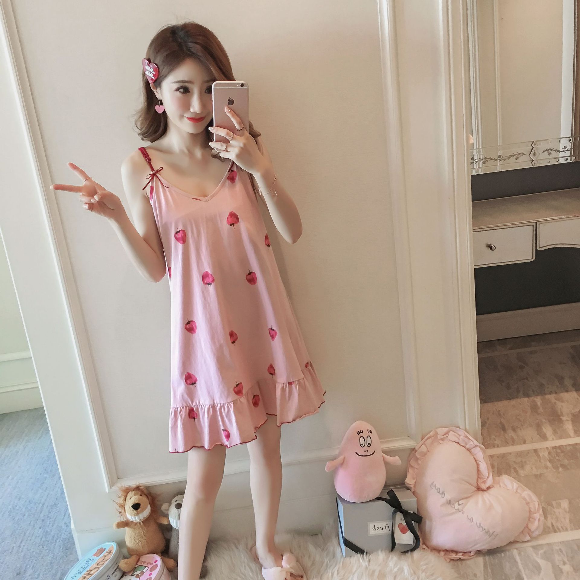 宽松韩版清新可爱吊带睡裙女夏季睡衣女夏少女大码学生家居服套装