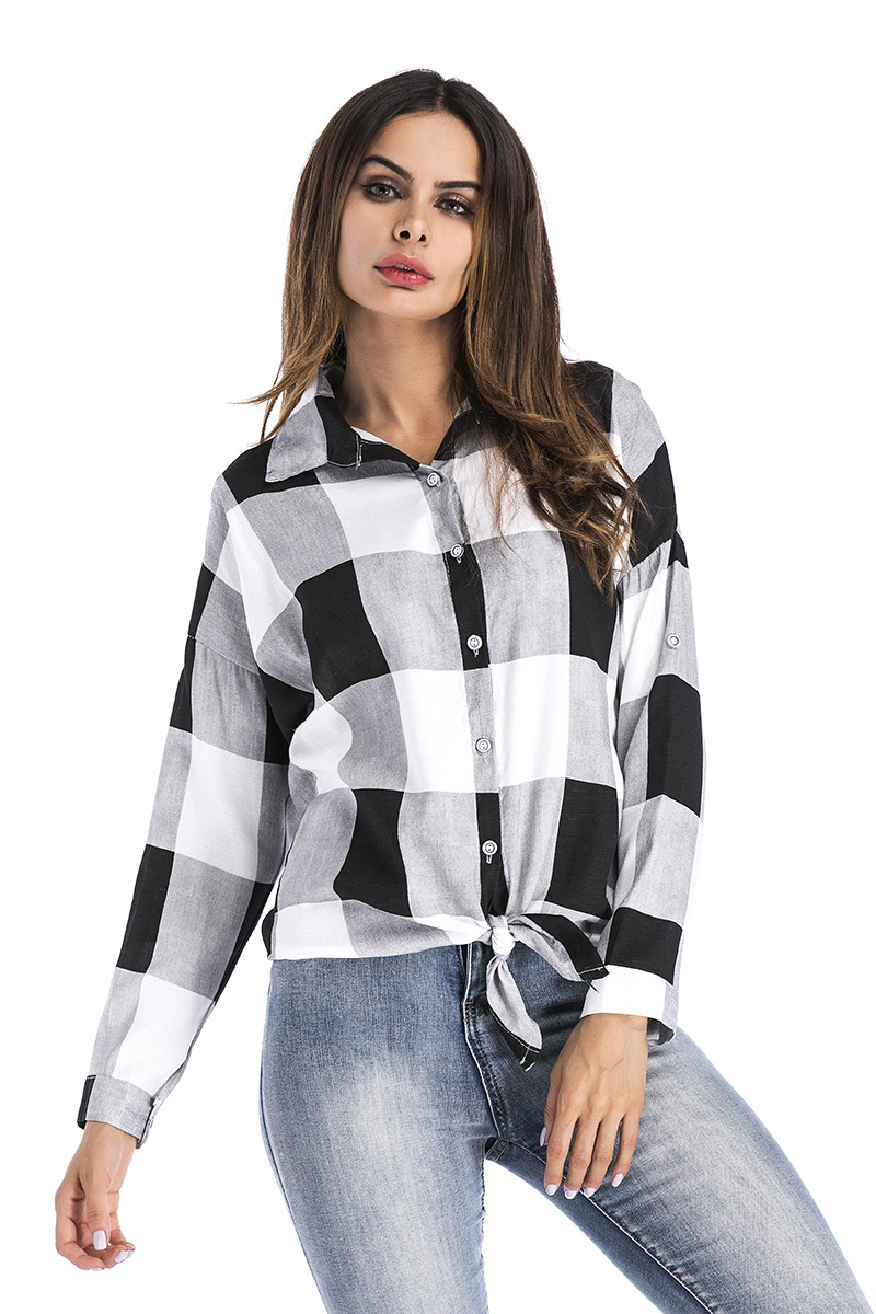 翻领格子长袖t恤图片