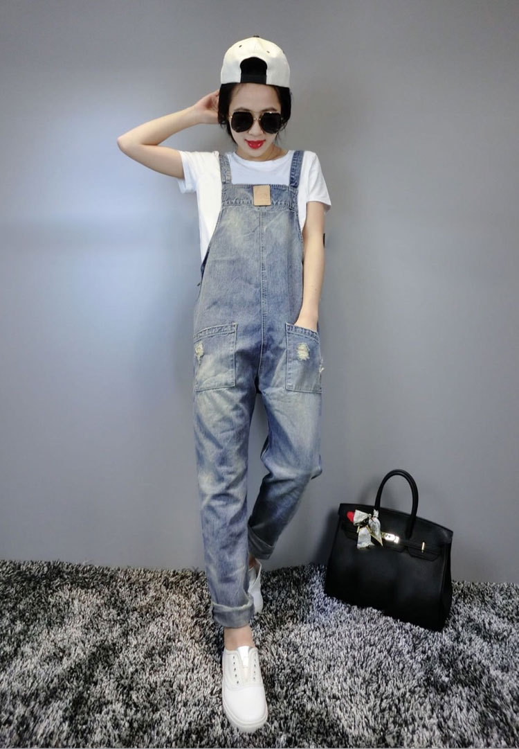 欧洲站新款时尚修身破洞口袋水洗牛仔小脚背带裤女 2908