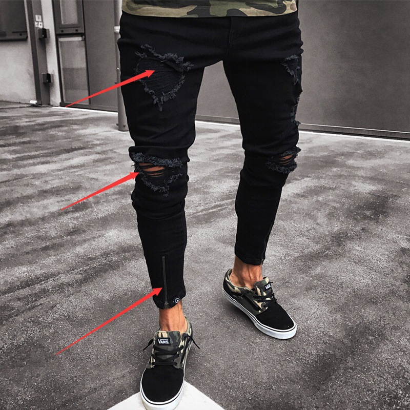 Exclusive for Cross-Border Jeans Men's Wish New Black Ripped Stretch Zipper Men's Clothing Skinny Pants European and American Fashion
