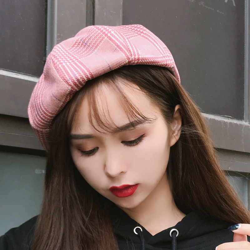 贝雷帽女帽子秋冬韩版复古麂皮千鸟格子八角帽欧美百搭学生南瓜帽