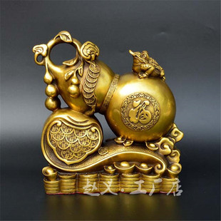 铜器开光纯黄铜葫芦摆件风水铜器金蟾招财纳福葫芦金属工艺品