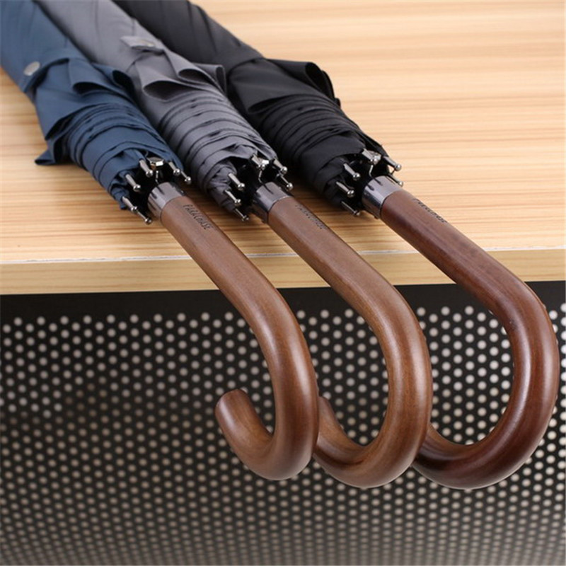 工厂直销8骨实木手柄弯把自动直杆商务晴雨伞 酒店礼品雨伞定制