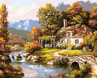 幸福湖畔小屋乡村家园风景石桥钻石画