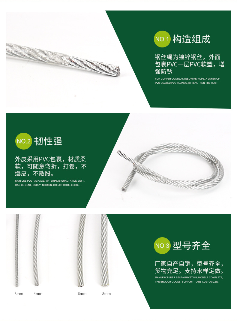 镀锌包塑钢丝绳 透明涂塑钢丝绳带皮pvc钢丝绳包胶晾衣绳