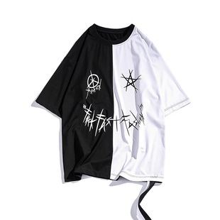 一半黑一半白上衣男学生t桖短袖潮流衣服2018韩版百搭男生夏宽松