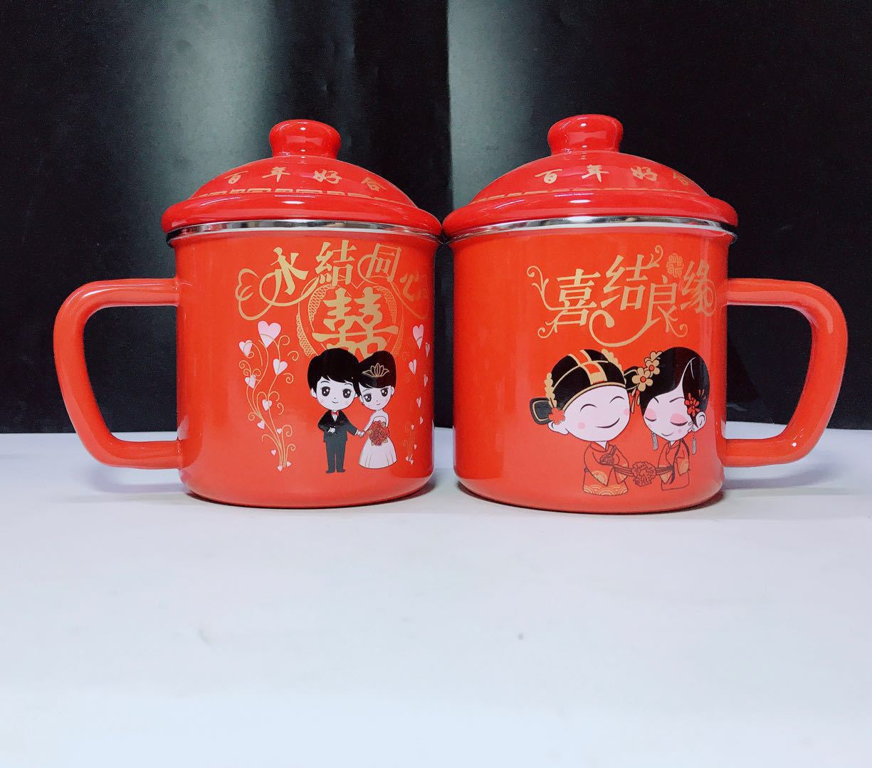 搪瓷包边喜庆大红盖杯喜结良缘搪瓷双喜杯 喜庆礼品搪瓷杯婚庆用